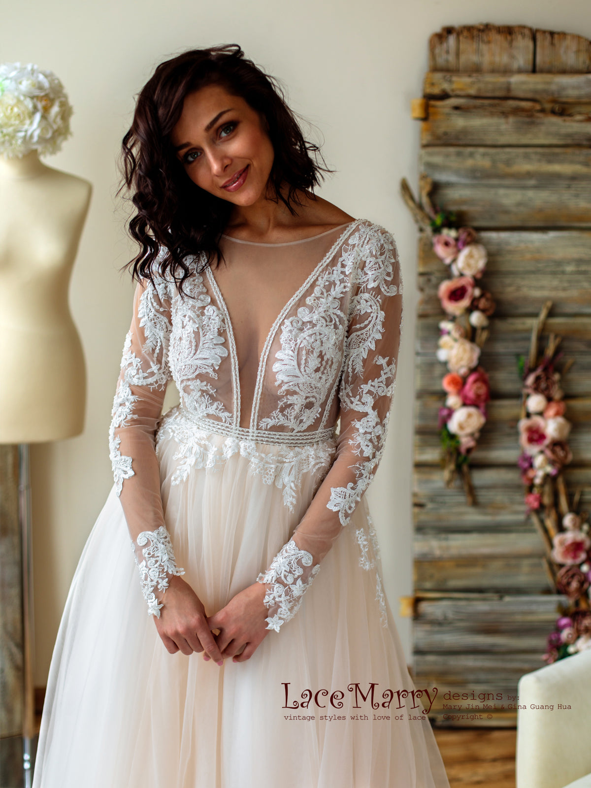 Deluxe Lace Wedding Dress in Nude Tulle ...